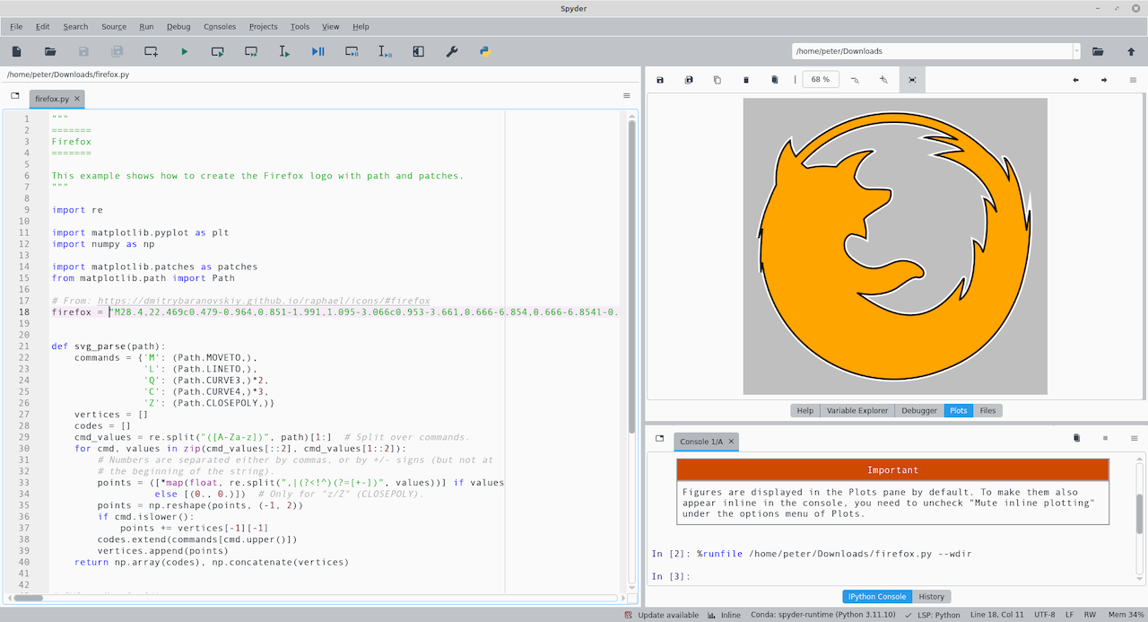 图1 Spyder 运行 Matplotlib 官方案例 firefox.py