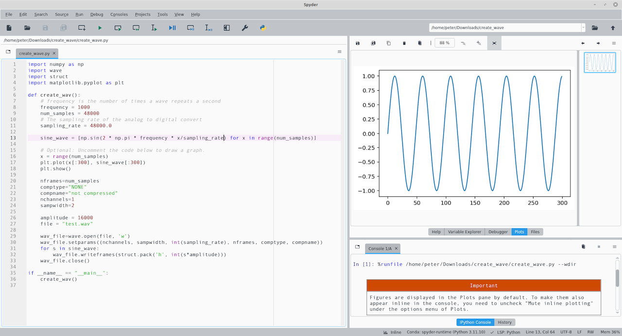 图2 Spyder 运行 create_wave.py