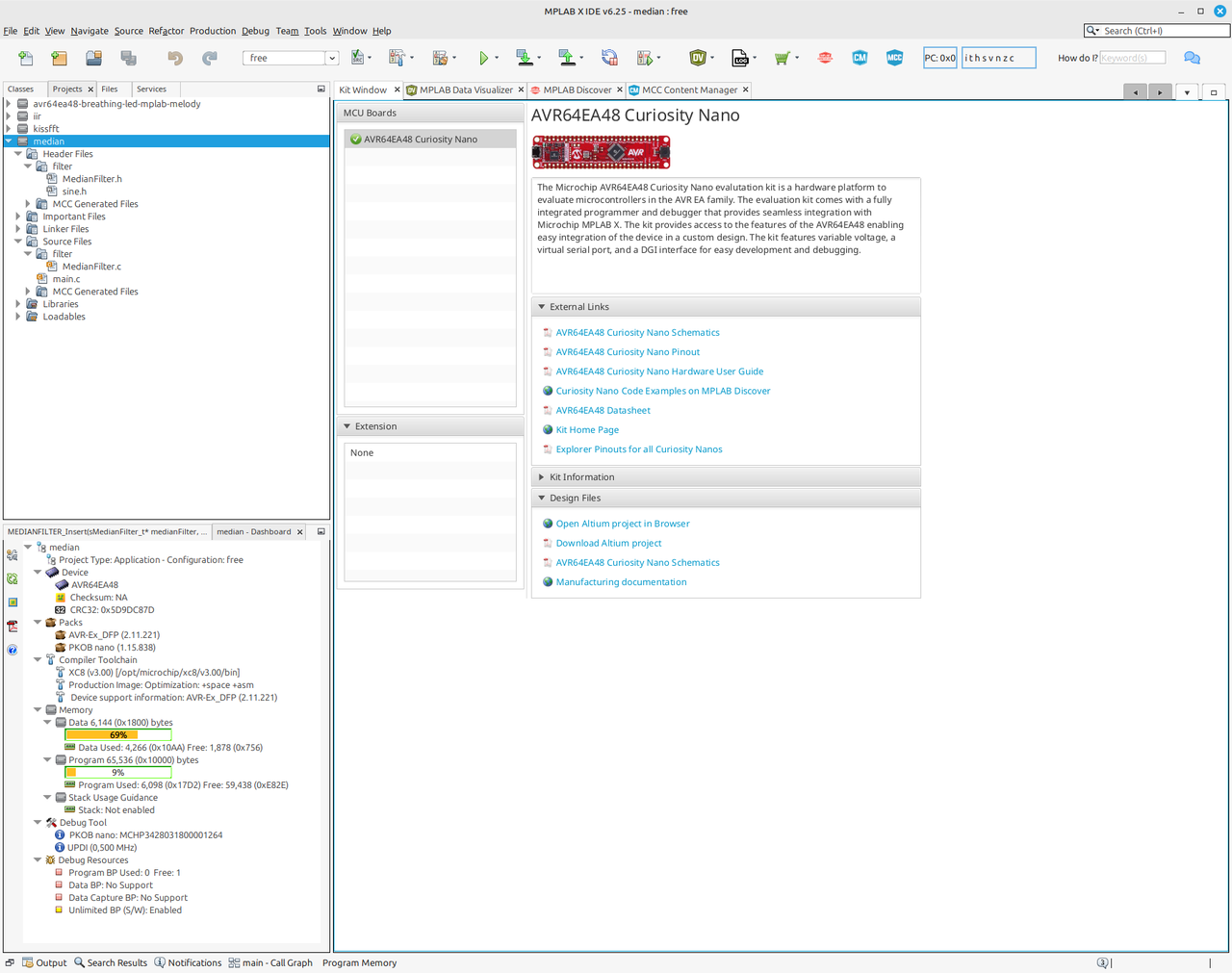 图5 MPLAB® X IDE 识别 AVR64EA48 Curiosity Nano