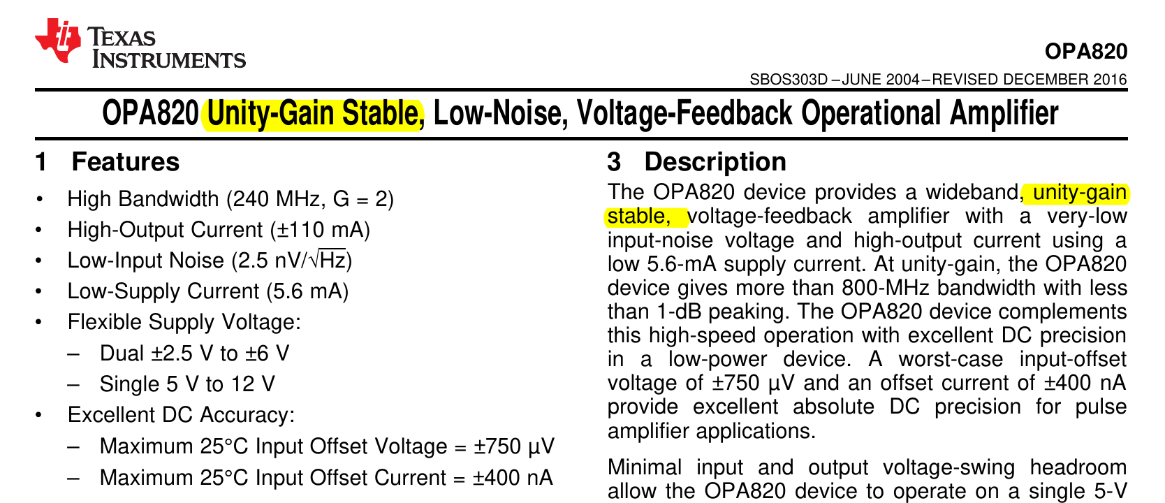 OPA820运放unity gain stable