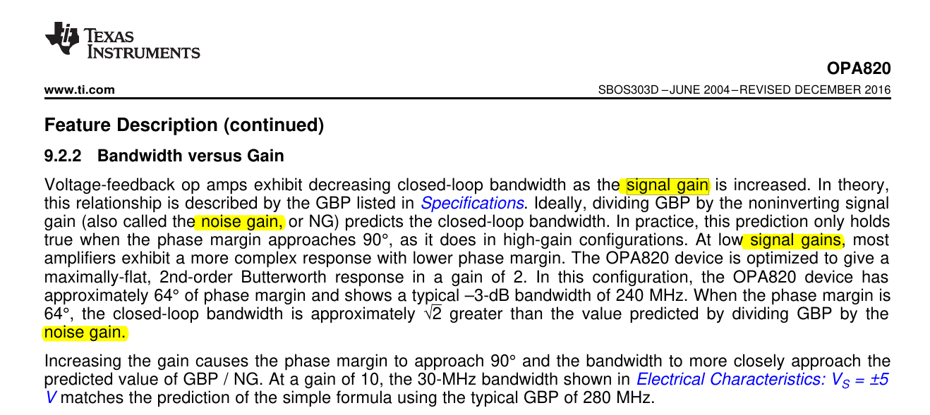 运放spec中提到Signal gain与Noise gain