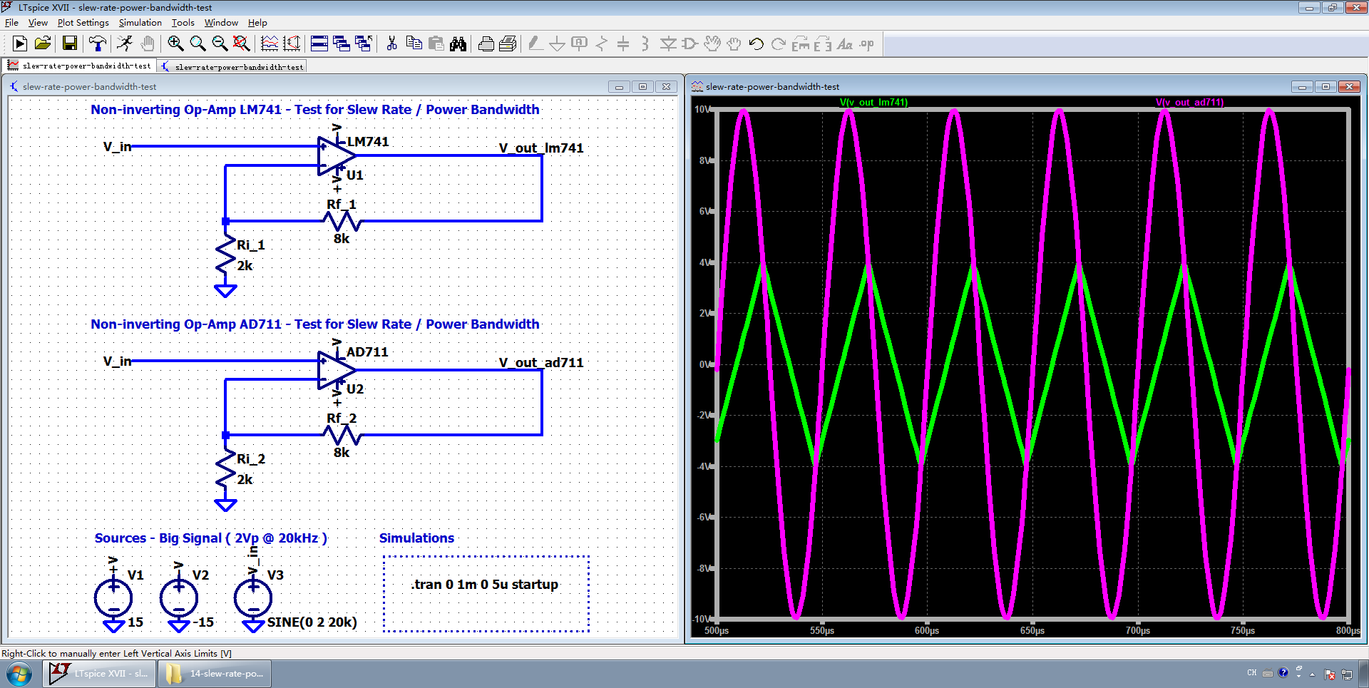 图9 LM741 vs AD711 的仿真对比